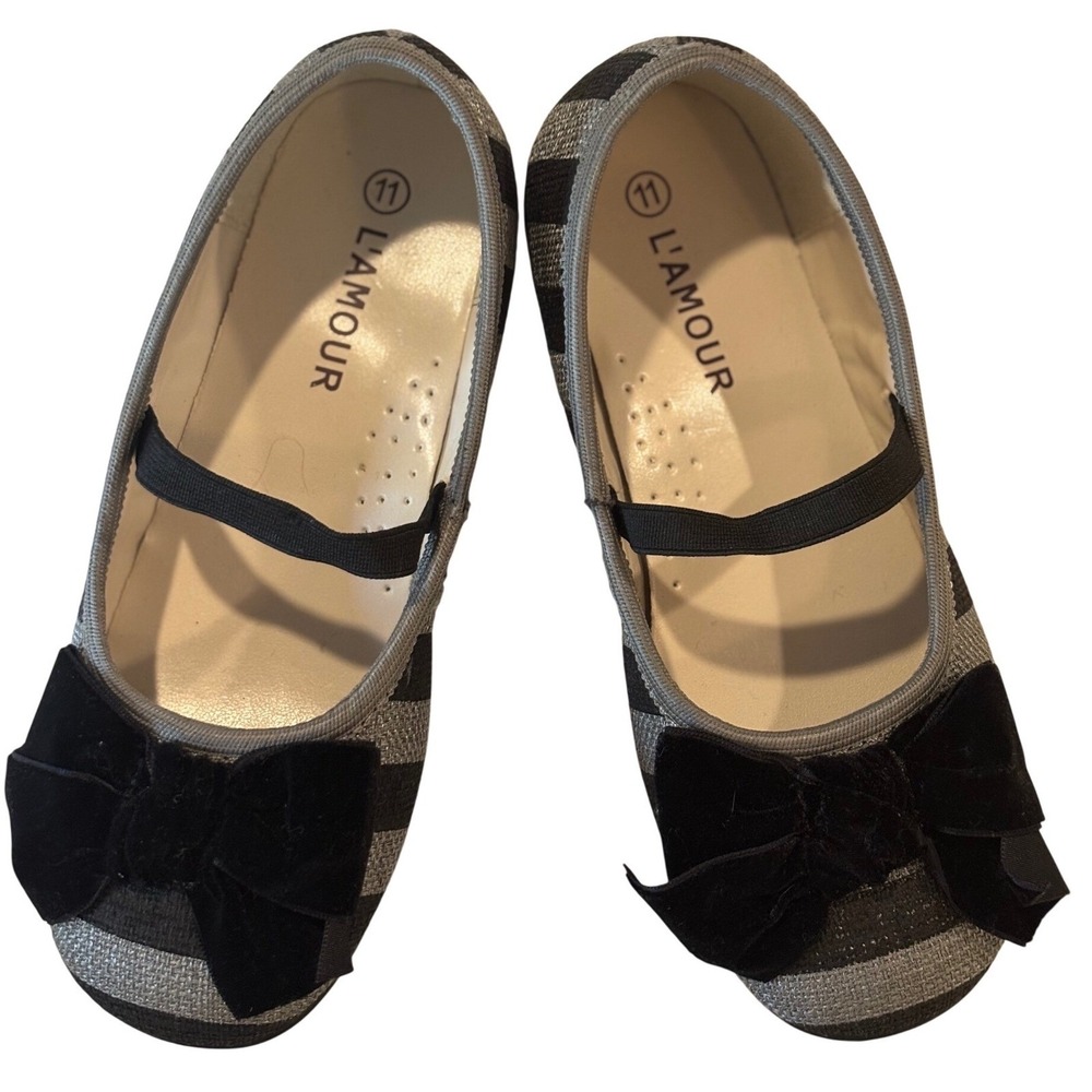 L'Amour Mary Jane Flats Girls 11 Black Silver Striped Velvet Bow Dress Shoes - Picture 9 of 10